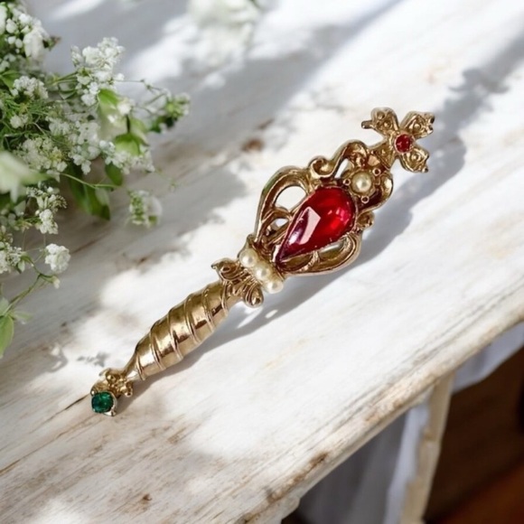 Vintage Jewelry - Vintage Ruby Pearl Rhinestones Ornamental Sceptre Royalty Heraldic Brooch Pin.